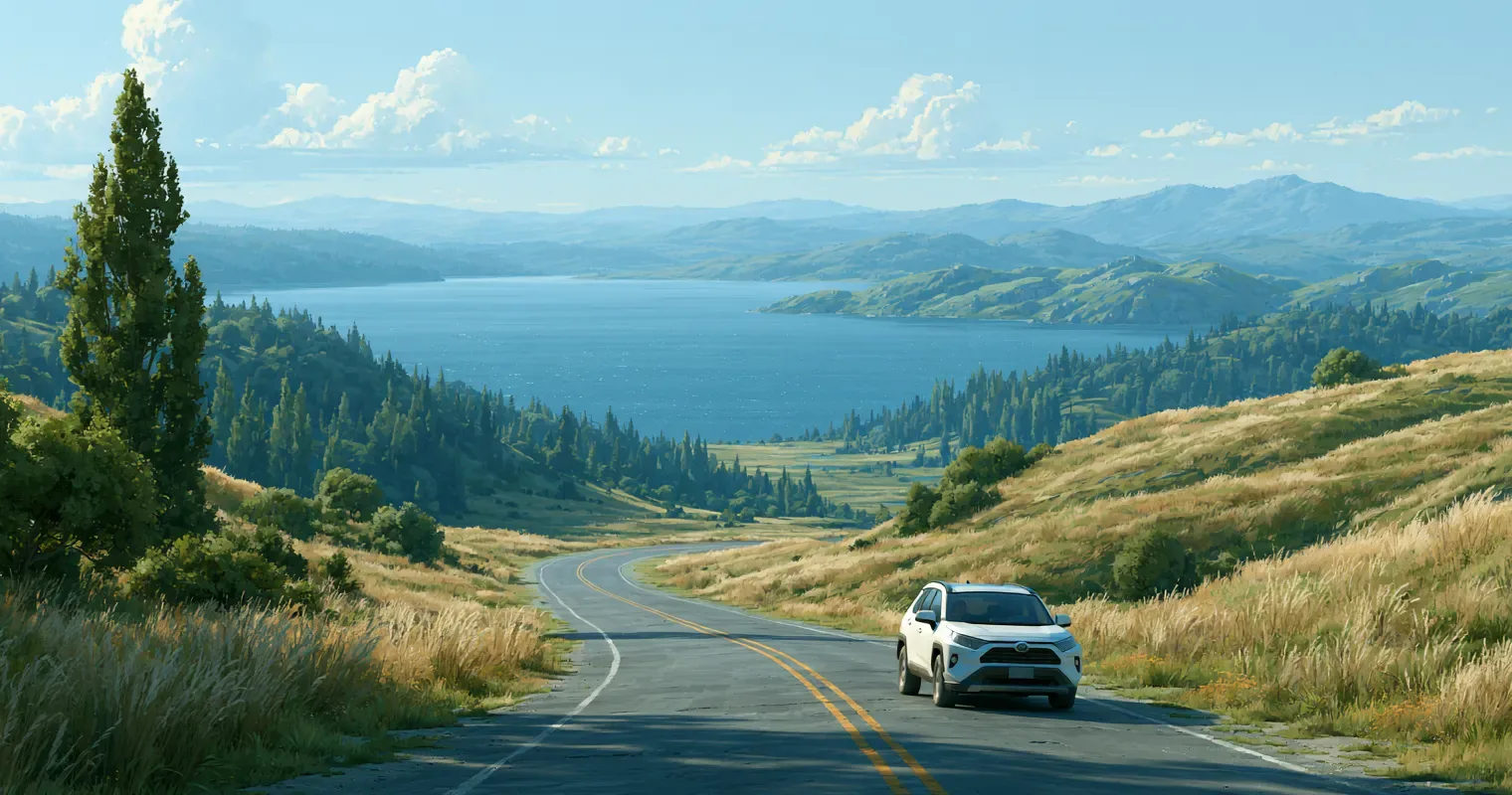Car finance in NZ, with a white SUV on an open rural road beside a lake