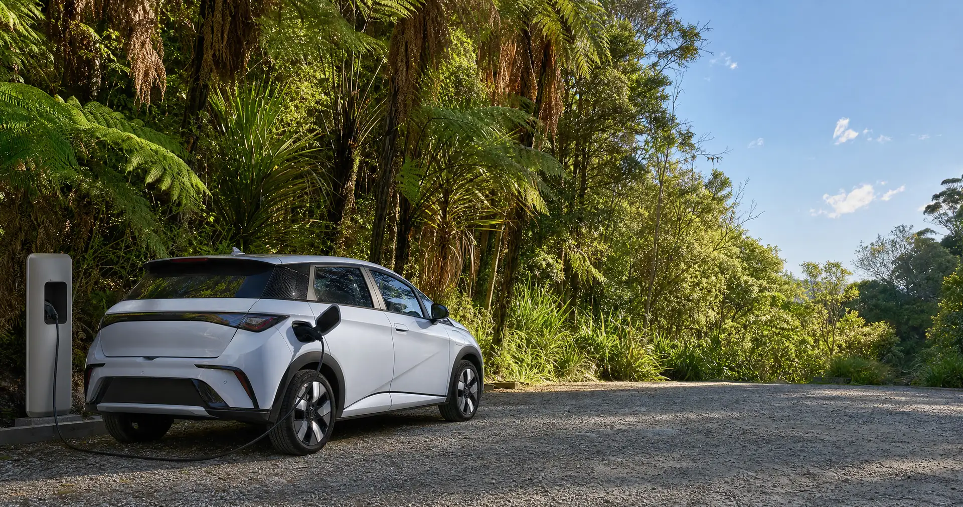 An electric hatchback plugged into a public charger in a gravel carpark at the edge of native bush