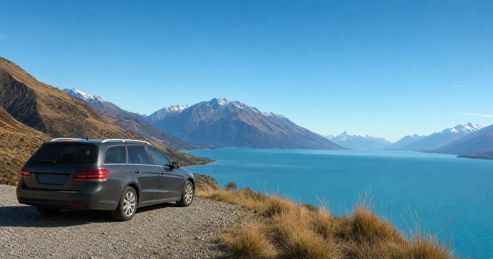 A station wagon parked on a gravel pull-off above a turquoise high country lake