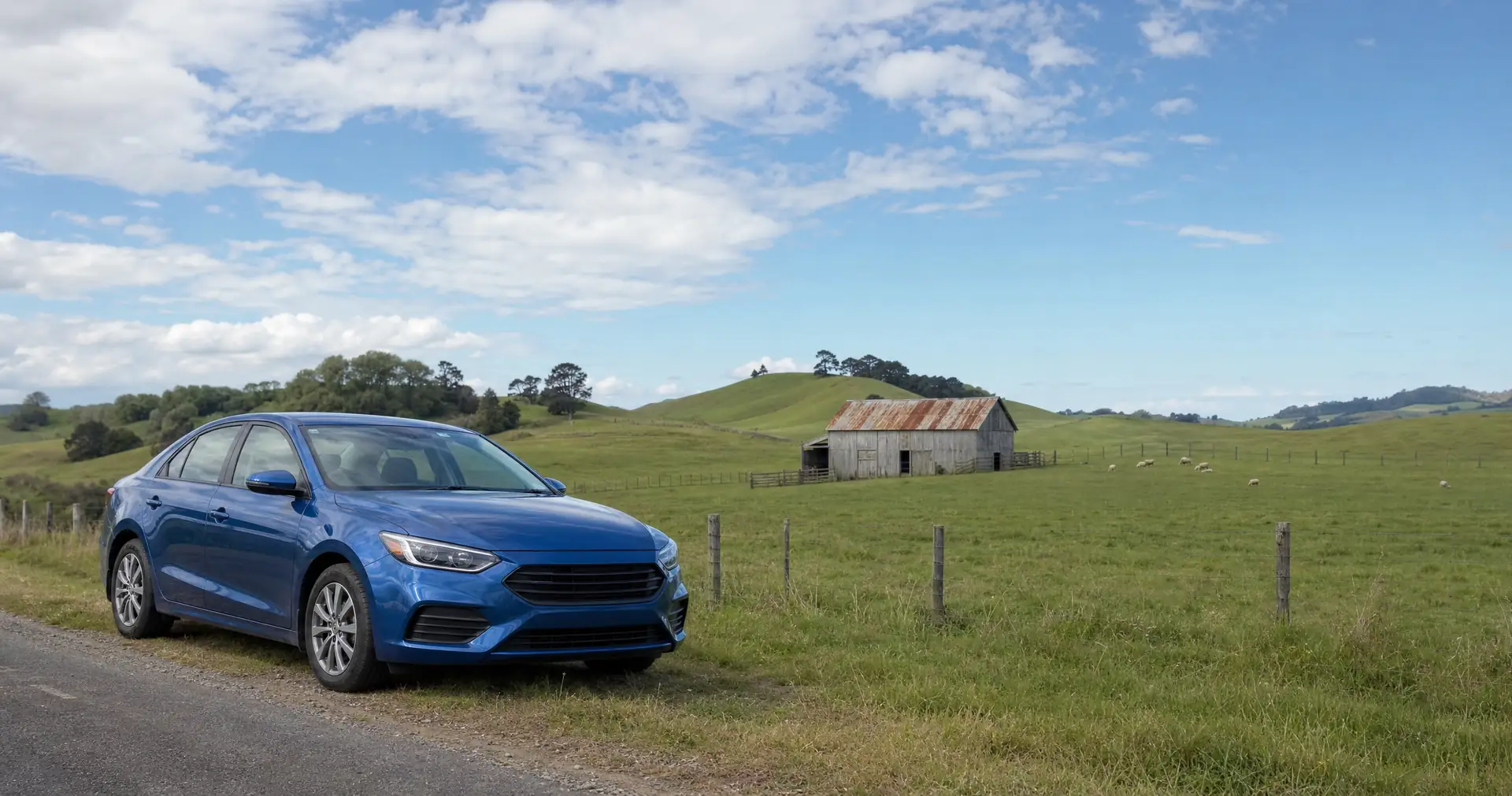 A sedan parked on a rural roadside with a timber woolshed in rolling farmland