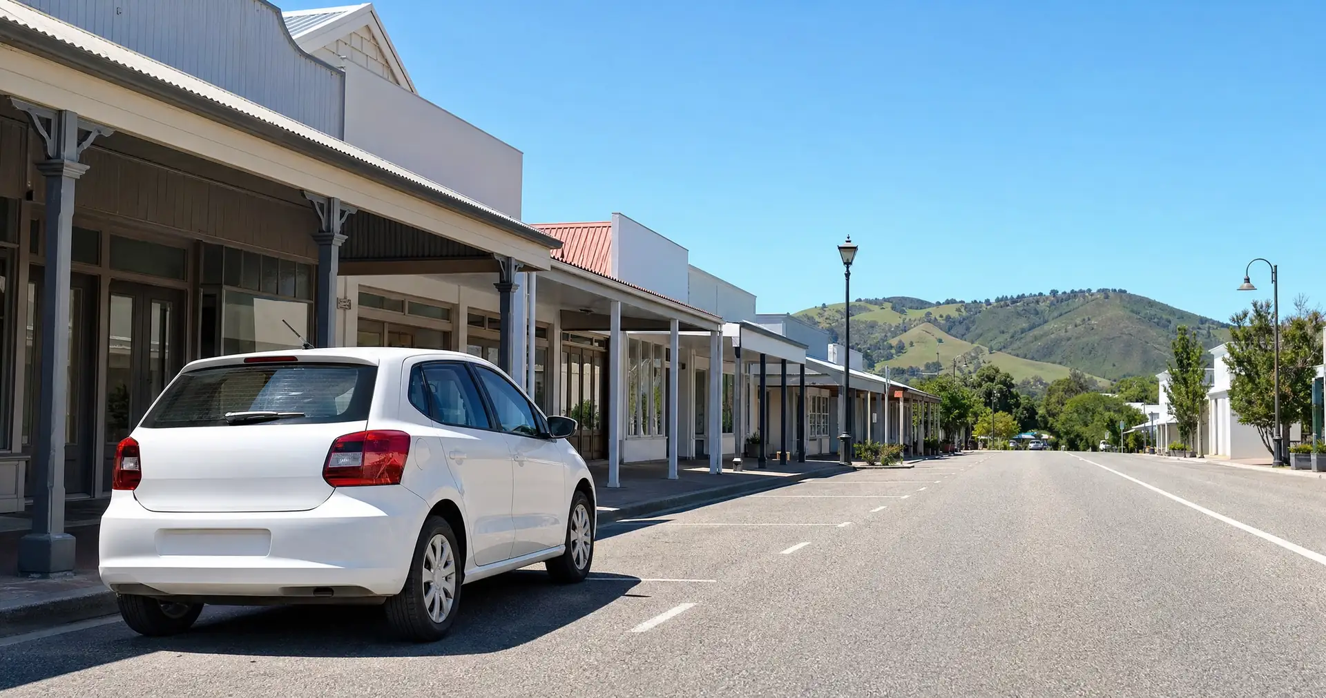A hatchback angle-parked on the main street of a small provincial town