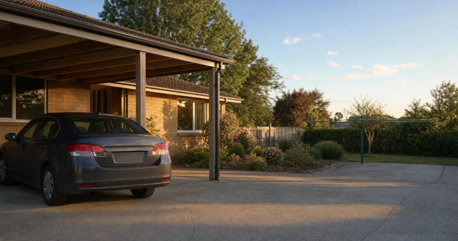 A mid-size sedan parked under an open carport beside a suburban home in the late afternoon
