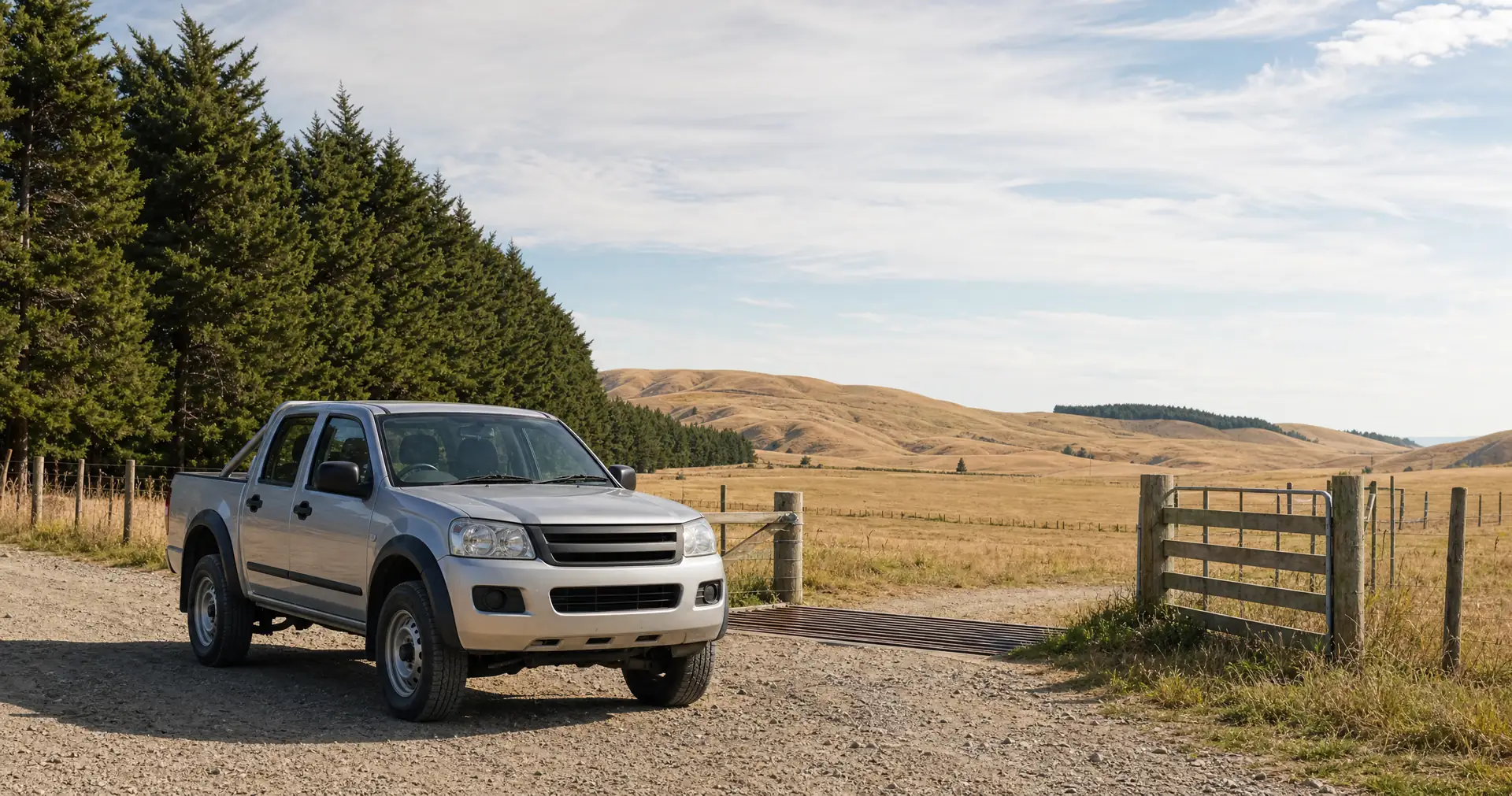 A double cab ute parked at a farm gate on a gravel road, with dry summer hills behind